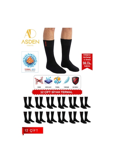 Asden 6 Çift Termal Erkek Çorap Ekstra Kalın Havlu Premium Pamuklu Burun Dikişsiz Kısa Konç Siyah