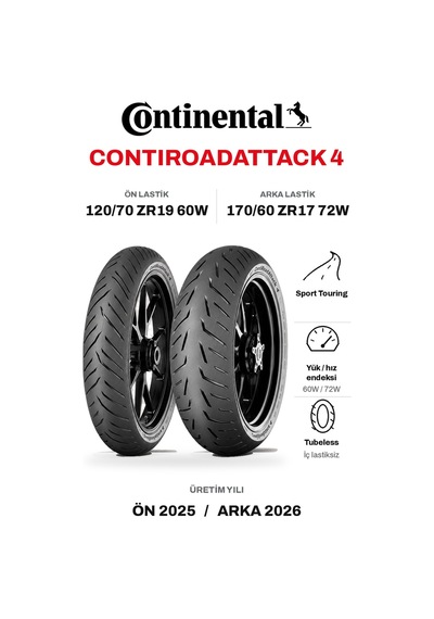 Continental Contiroadattack 4 120/70 Zr19 60w - 170/60 Zr17 72w Ön Arka Motosiklet Lastik Takımı 2025/2026