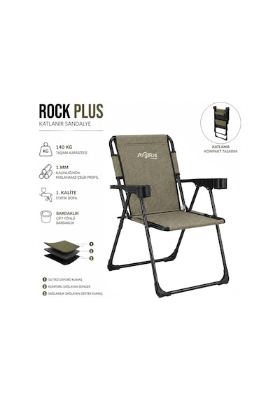 2 Adet Katlanır Kamp Sandalyesi Seti - Rock Plus - Gusto Haki Çok Renkli