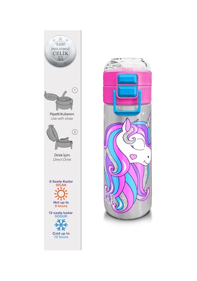 Coral High Kids Pembe Gümüş Unicorn Desenli Pipetli Ve Direkt İçim Çelik Termos 500 Ml 31821 Gümüş