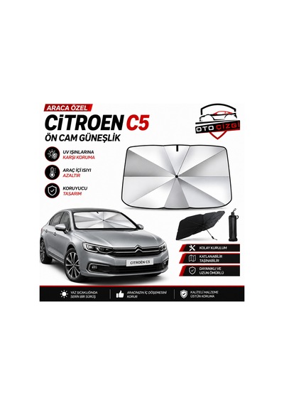 Citroen C5 Şemsiye Tip Ön Cam Güneşliği Katlanabilir Uv Korumalı Araç Cam Güneşlik