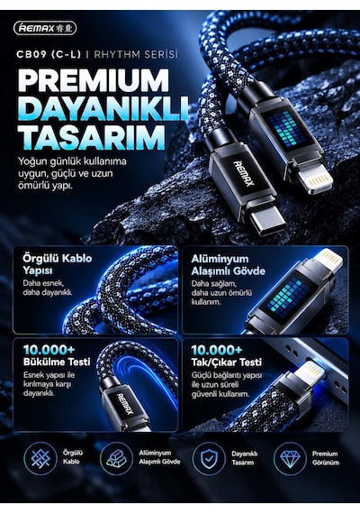 Remax Cb09-cl Rhythm Serisi 30w Type-c To Lightning Mavi Led Işıklı Örgülü Hızlı Şarj Ve Data Kablosu 1.2 Metre