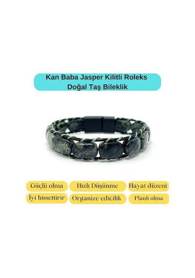 Sertifikalı Kan Baba Jasper Kilit Kapama Roleks Doğal Taş Deri Bileklik Yeşil