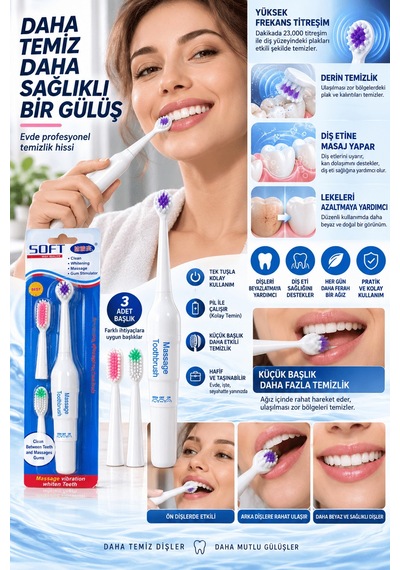 Elektrikli - 107 - Masajlı Diş Fırçası 3 Başlıklı - Csmo-tex - Derin Temizlik