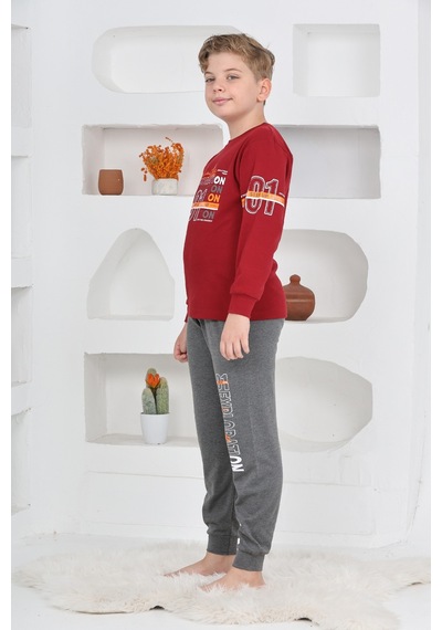 Modanino Erkek Çocuk Baskılı %100 Pamuk İnterlok Kumaş Pijama Takımı 12446 Bordo