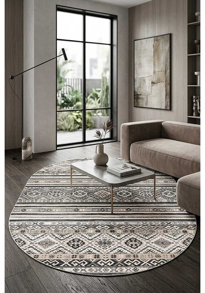 Etnik Kilim Desenli Pamuk Taban Yıkanabilir Baskılı Dekoratif Oval Halı Gri Vizon