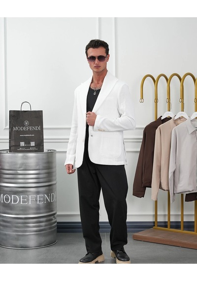 Modefendi %100 Pamuk Keten Modern Fit Keten Ceket Beyaz