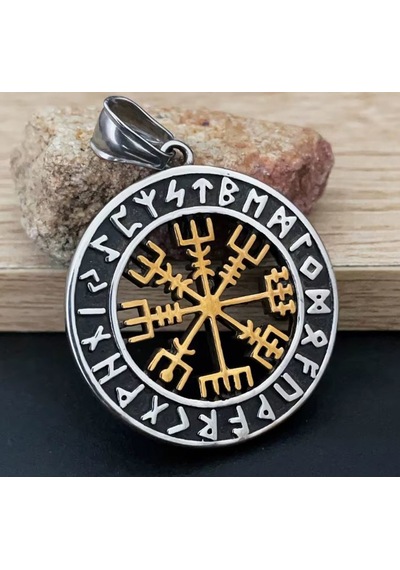 Paslanmaz Çelik Altın Renk Detaylı Vegvisir Pusula Viking Kolye Altın - Gümüş