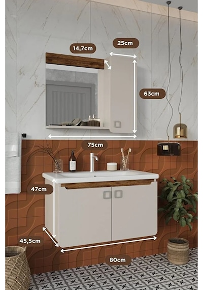 Selvi 80 Cm %100 Mdf Lavabolu Banyo Dolabı Aynalı Dolaplı Üst Dolap Lavabo Krem