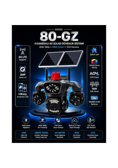 Hieasy 4k 80-gz 8mp 4g Solar Ptz 4 Kamera 2 Yıl Aylık 10gb Sım Kartlı Güvenlik Sistemi