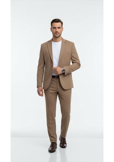 Erkek Slim Fit Mikro Dokulu Takım Elbise Çift Düğmeli Modern Kesim Vizon