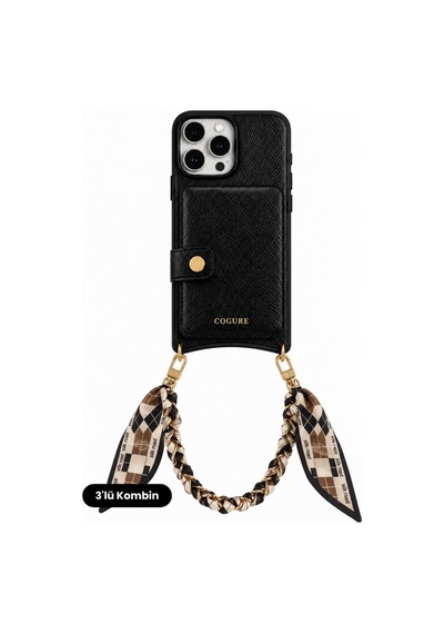 Hera Apple Uyumlu iPhone 16 Pro Max Uyumlu Magsafe Aynalı Cüzdan, Fularlı Zincir Askı, Oval Kılıf 3'lü Siyah Set