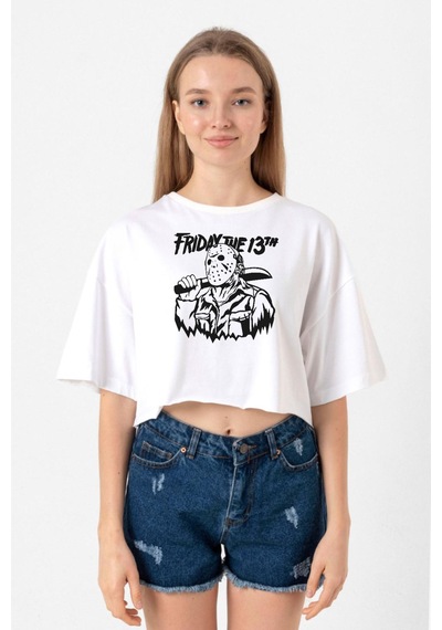 Friday The 13th Halloween Beyaz Kadın Crop Tshirt Beyaz