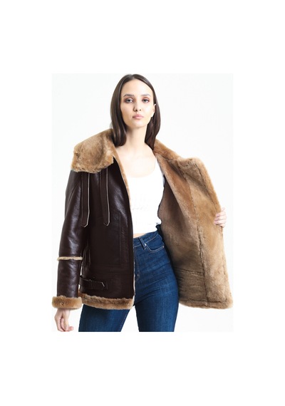 M M Marki Marki Kadın Kahverengi Vintage Deri Mont, Kahverengi Kürklü, Balıkçı Yaka, Oversize - 105222 Siyah Kahverengi