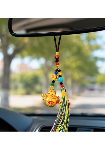 Feng Shui Bereket Ve Şans Kedisi Asılabilir Dekor /maneki Neko Gold Püsküllü Araba Aynası Süsü 1 Adet