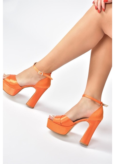 Fox Shoes Turuncu Saten Kumaş Platform Topuklu Kadın Abiye Ayakkabı M348202504 Turuncu