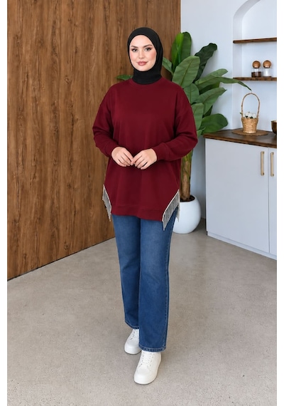 Aymiraa Kadın Püskül Detaylı Rahat Kalıp Tesettür Sweatshirt Tunik Bordo Bordo