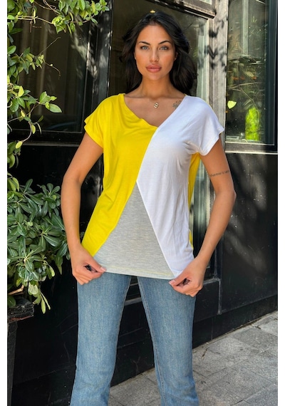 Beyaz Sarı Penye Basic Bluz Beyaz