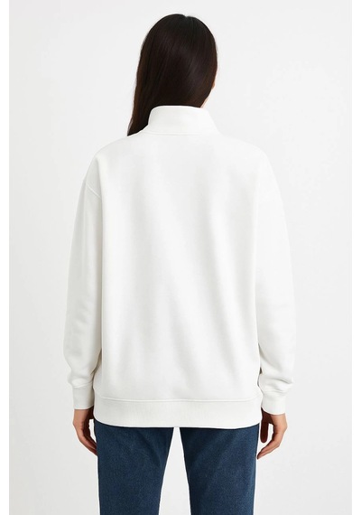 Primemagazam Kadın 3 İplik Pamuklu Dık Yaka Yarım Fermuarlı Sweatshirt - Beyaz Çeşitli