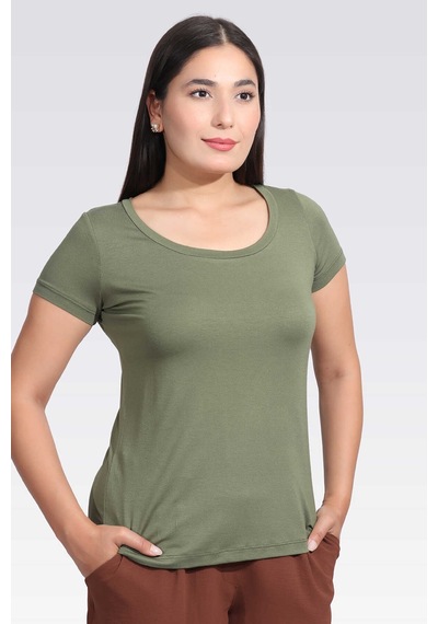 Tolga Saraçoğlu Minimalist Yuvarlak Yaka Kısa Kol Kadın T-shirt - Günlük Kullanım Haki