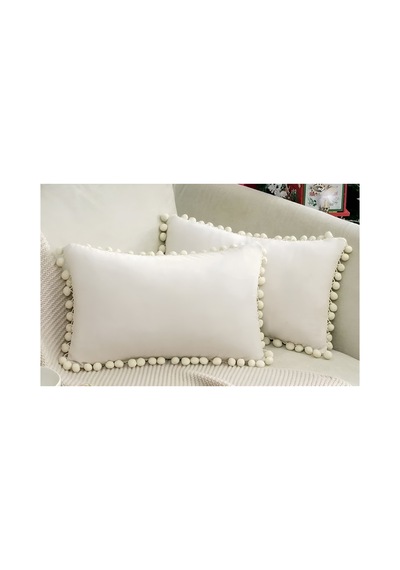 Ponponlu Dekoratif Kırlent Kılıfı 2 Adet 50x30 Cm Krem