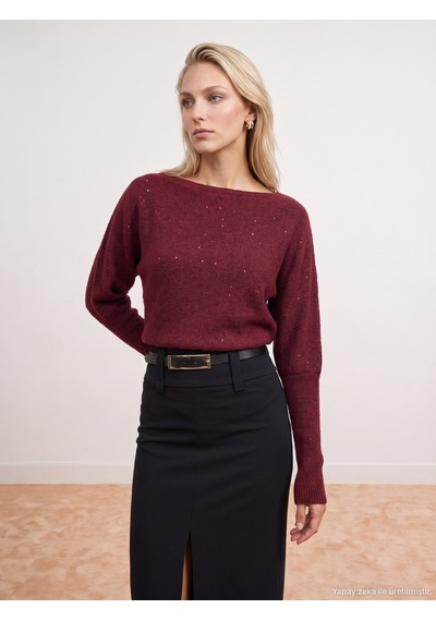 Dilvin 10860 Kayık Yaka Pullu Triko Kazak-bordo
