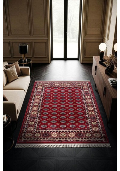 Cotto Home Fesane Fn003j Bordo Pamuk Taban Afgan Desenli Salon Oturma Odası Halısı