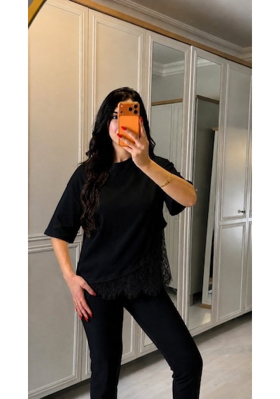 De'charme Kadın Kısa Kollu Bisiklet Yakalı Dantel Detaylı Viskon Iki Iplik Bluz Siyah
