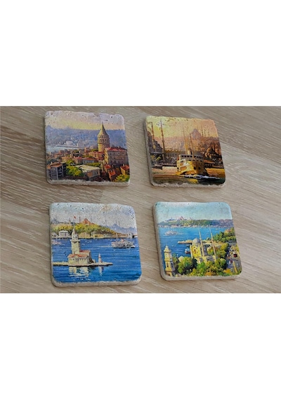 Galata Eminönü Kız Kulesi Ve Ortaköy Doğal Taş Bardak Altlığı 4'lü Set - Natural Stone Coasters - Taş Çok Renkli