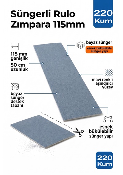 115 Mm Süngerli Rulo Zımpara 220 Kum 50 Cm Esnek Destek Tabanlı