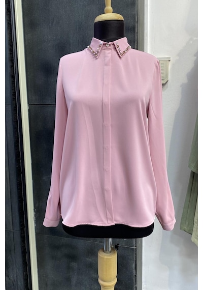 Pera Moda Yakası Taşlı Basic İç Göstermeyen Şık Gömlek Pudra