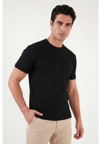 Buratti Regular Fit Çizgili Dokulu Bisiklet Yaka T Shirt Erkek T Shirt 5904023 Siyah