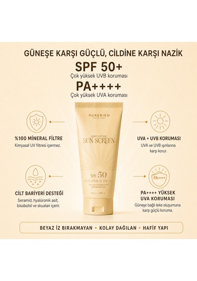 Purebıen %100 Doğal Güneş Koruyucu Spf 50+ Pa++++ Uva/uvb 50 Ml