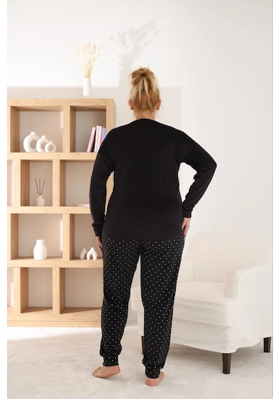 Pijamoni Kadın Büyük Beden Yumuşak Kadife Siyah Pijama Takımı Siyah