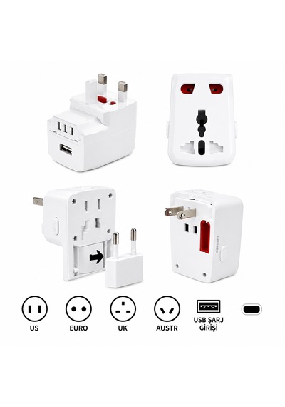 Universal Dünya Priz Dönüştürücü Seyahat Adaptörü Usb Şarj Girişli 150+ Ülke Uyumlu Çok Fonksiyonlu Adaptör Beyaz