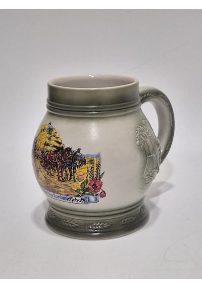 Vintage Tankart Hasat Zamanı Temalı Alman Seramik Bira Bardağı 13,5cm