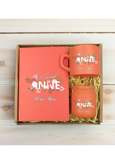 Bk Gift Kişiye Özel İsimli Dtf Anne Temalı Somon Defter & Kahve Fincanı & Mum Hediye Seti-1, Anneye Hediye, Anneler Günü Hediyesi Kobitmeyencom30813 B
