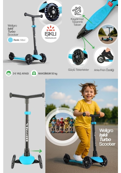 Işıklı Scooter, Ayarlanabilir Yükseklik, Ön Tekerleri Işıklı Çocuk Scooter, Mavi Mavi