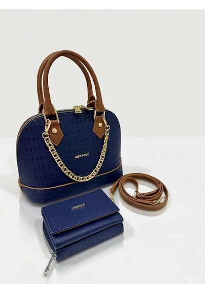 Just Polo Kadın Zincir Detaylı Lüks El & Omuz Çantası Ve Cüzdanı Kombin Shopper Ebat : 25x22 Cm Lacivert - Taba