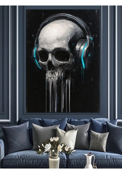 Ahşap Tablo Kulaklıklı Kafatası Müzik