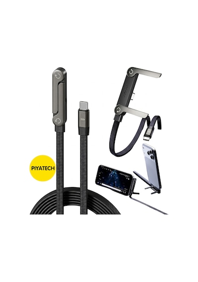 Piyatec 240w Hızlı Şarj Kablosu Entegre Katlanabilir Telefon Standlı 90 Derece Dirsek Tasarımlı Örgü Data Kablosu 1