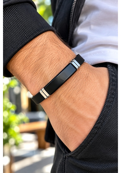 Silikon Kordon Çelik Mixli Sade Şık Trend Model Erkek Bileklik 22 Cm Siyah