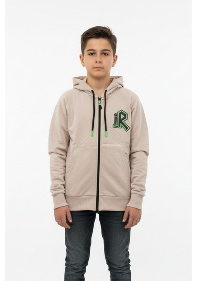 Kapüşonlu Fermuarlı Yandan Cepli Baskılı %100 Pamuk 2 İplik Mevsimlik Erkek Çocuk Sweatshirt-90935 Bej
