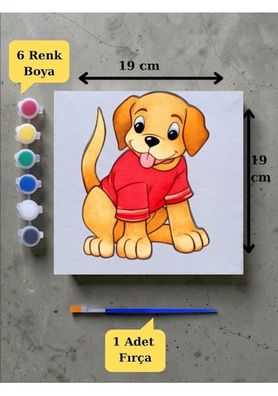 Çocuklara Özel Sevimli Köpek Baskılı Tuval Boyama Aktivite Seti 19x19 Cm Tuval, Fırça Ve 6 Renk Akrilik Boya Seti