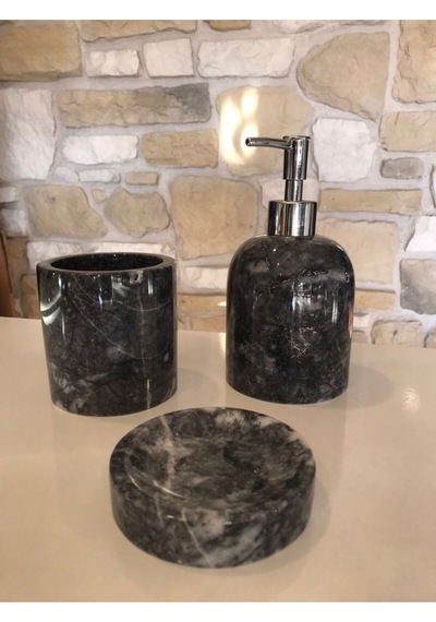 Siyah Dalgalı Mermer 3'lü Banyo Seti Beyaz