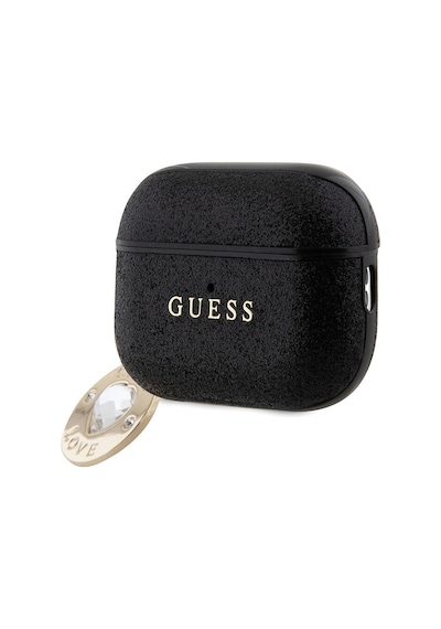 Apple Uyumlu AirPods Pro 2 Kılıf Guess Lisanslı Glitter Elmas Kalp Süs Zincirli Siyah