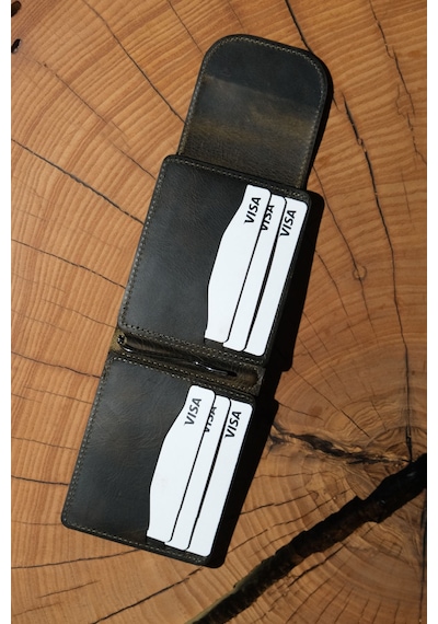Lenax Leather Mono Klips Hakiki Deri Erkek Cüzdan Nakit Para Klipsli, Mıknatıslı Kapak, Bozuk Para Cepli Haki