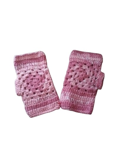 El Örgüsü Parmaksız Lastikli Pudra Pembe Motifli Çocuk Pudra - Pembe