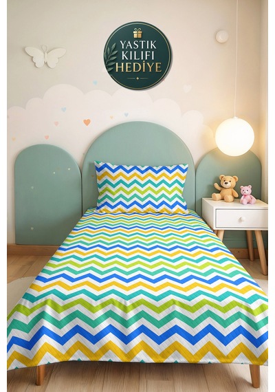 Mavi Zigzag Geometrik Genç Odası Tek Kişilik Pike Takımı - Renkli 160x220 Cm Kapitone Yatak Örtüsü Bohem Kil Kabuğu