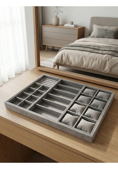 Homebiente Xlarge 50x36,5 Cm Gri Kadife Saat, Gözlük, Yüzük Ve Küpe Takı Organizer Tablası